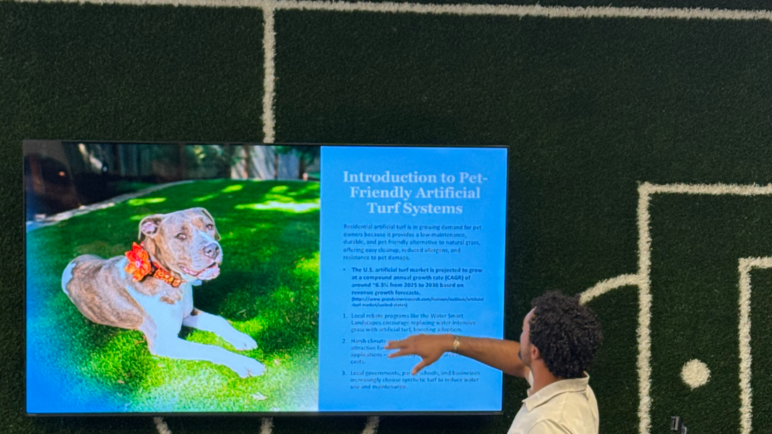 A continuing-education class on pet-friendly turf systems in the Genesis showroom