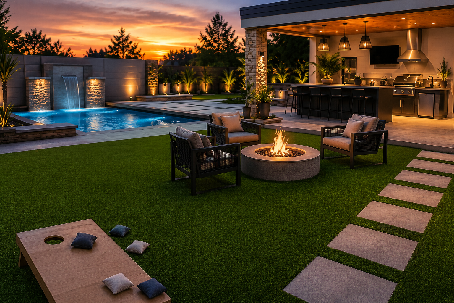 Turf lawn at dusk beside a pool and outdoor kitchen, fire pit and cornhole on the grass