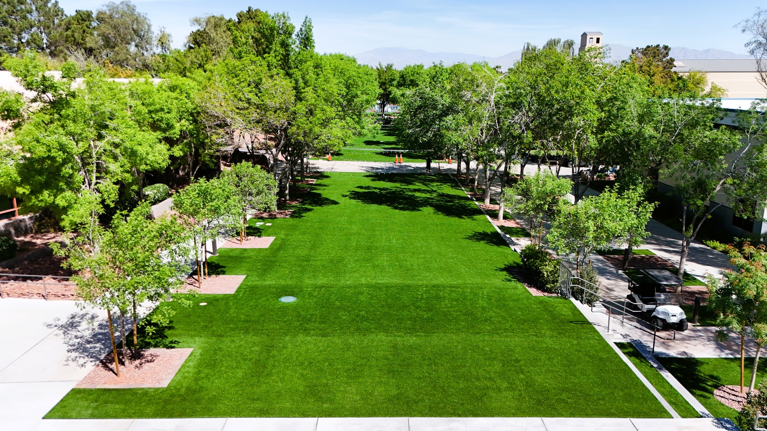 Wide turf quad lined with trees on a school campus, mountains beyond