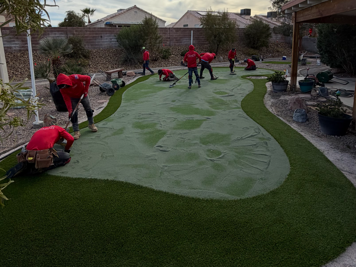 Premium Cooling Infill being broomed into a new putting surface on a Las Vegas job