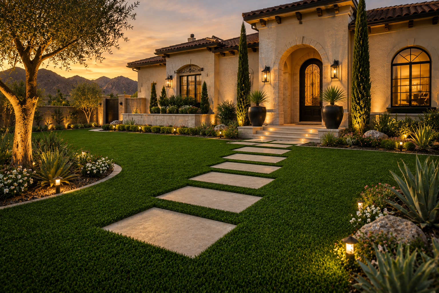 Alpha Legacy front lawn at dusk with paver walkway and landscape lighting