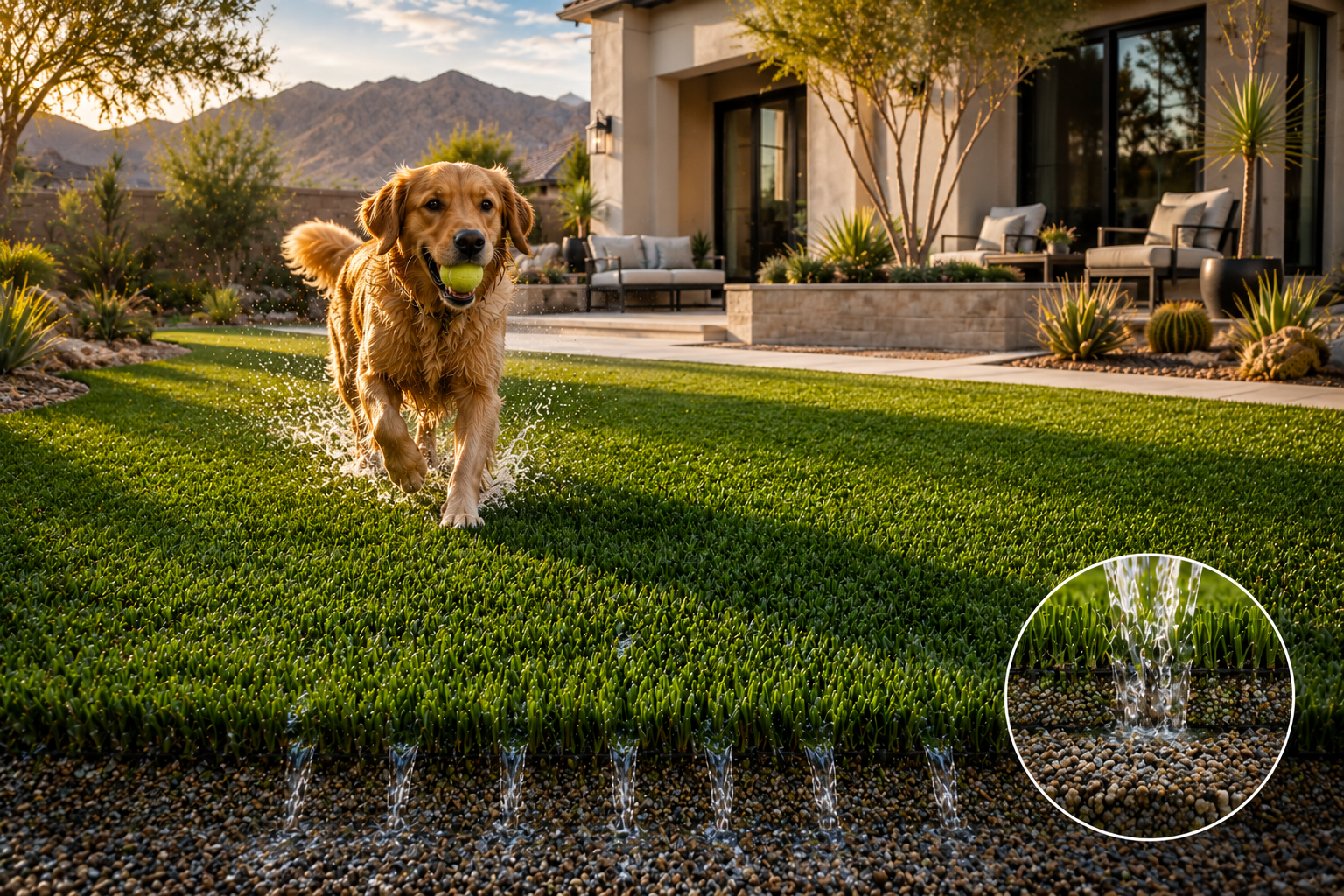 Golden retriever running across Alpha Pack turf with a cutaway showing water draining through the hole-punched backing