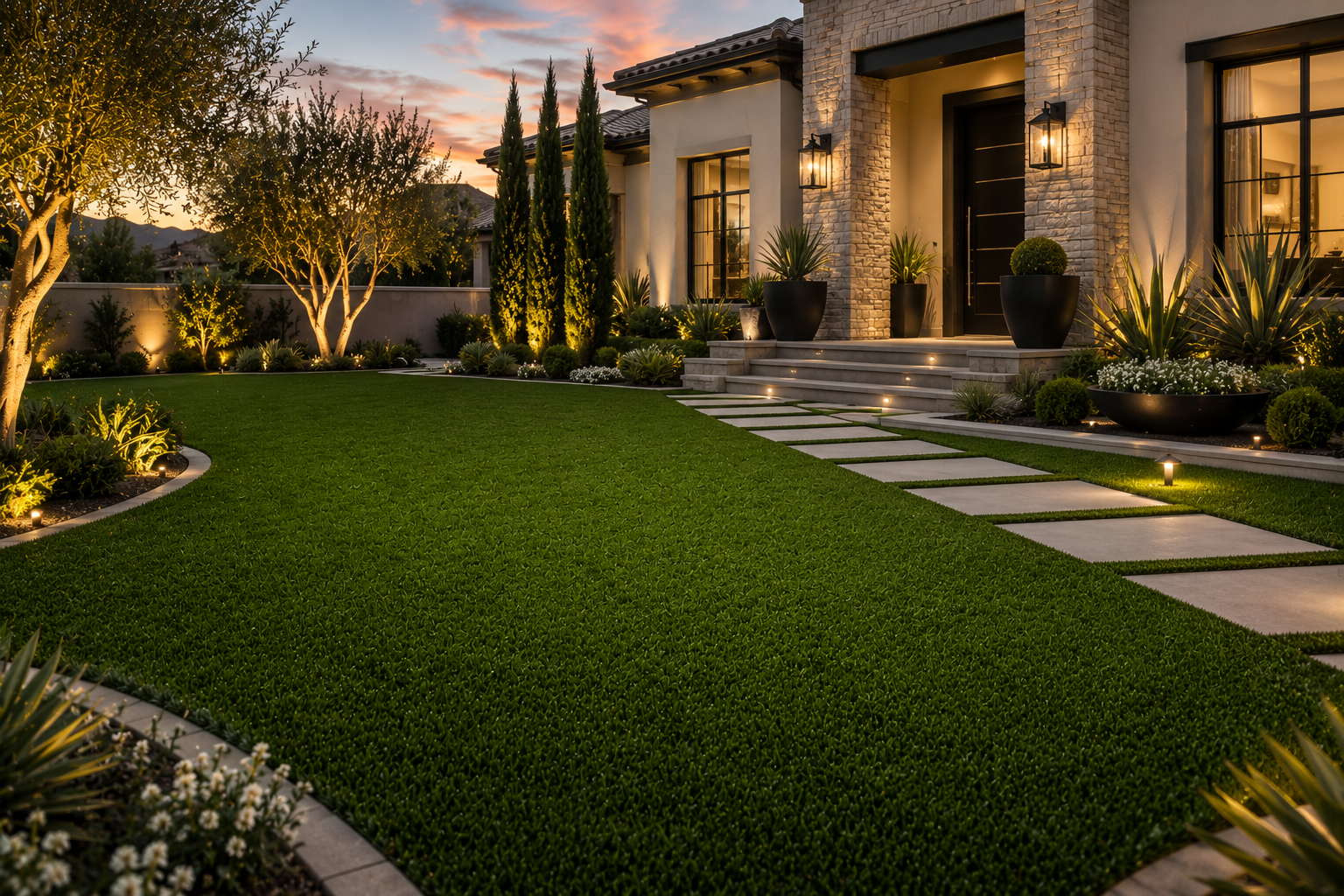 Rebel Apex front lawn at dusk with landscape lighting and stone entry