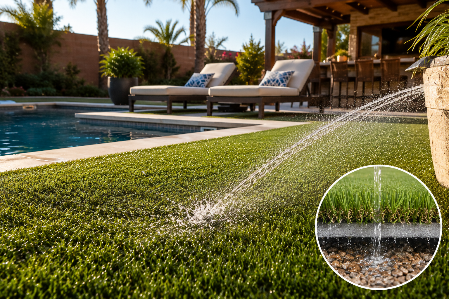 Water arcing onto Rebel Rapids turf poolside, with a cutaway showing water draining through the backing