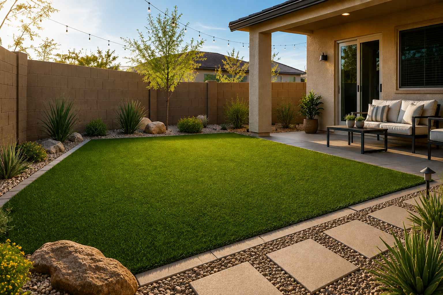 Rebel Roam lawn in a Las Vegas backyard at golden hour with paver walkway and patio seating