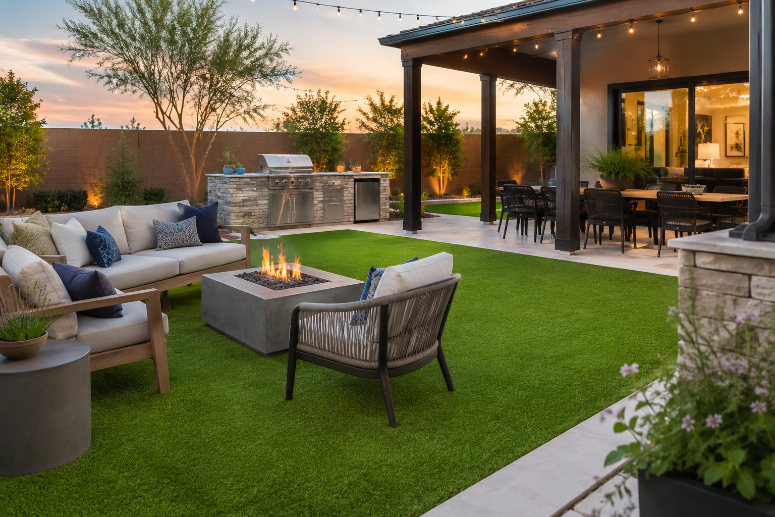 Rebel Venture lawn in a Las Vegas backyard with fire table and outdoor kitchen