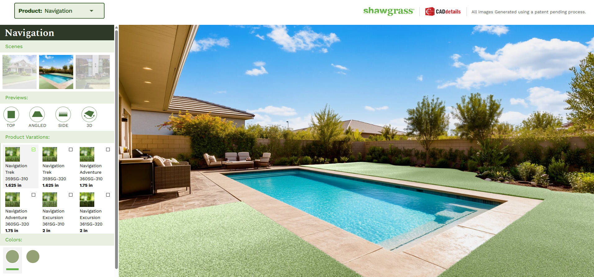 The Shawgrass turf viewer showing Navigation turf rendered around a pool